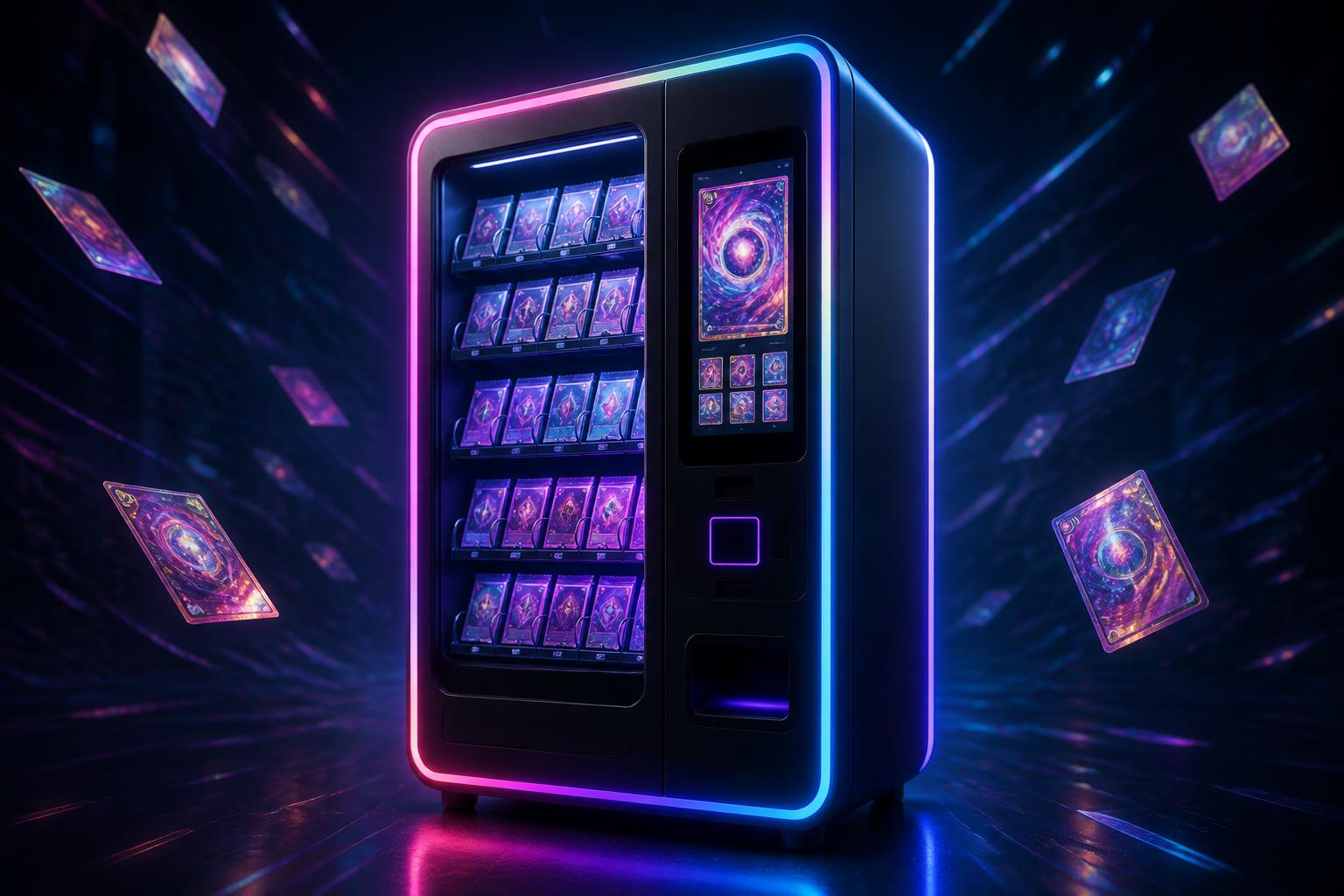 PokéATM trading card vending machine glowing with neon RGB edge light